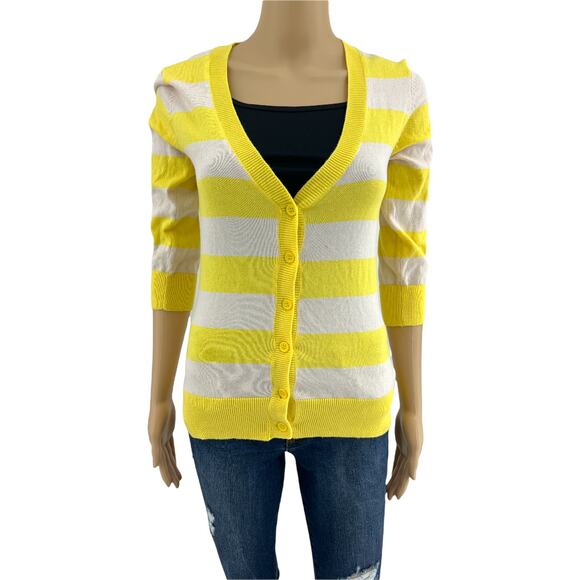 Derek Heart (L) Y2K Yellow Striped 3/4 Sleeve Button Up Cardigan Sweater Fitted - Picture 1 of 6
